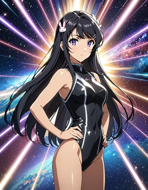 Masterpiece, best quality, {best quality}, {{masterpiece}}, {highres}, focus, anime style, mai sakurajima, long hair, bangs, black hair, hair ornament, purple eyes, hairclip, rabbit hair ornament, leotard, bare legs, boots, (hands on hip:1.1), fix hands, d...