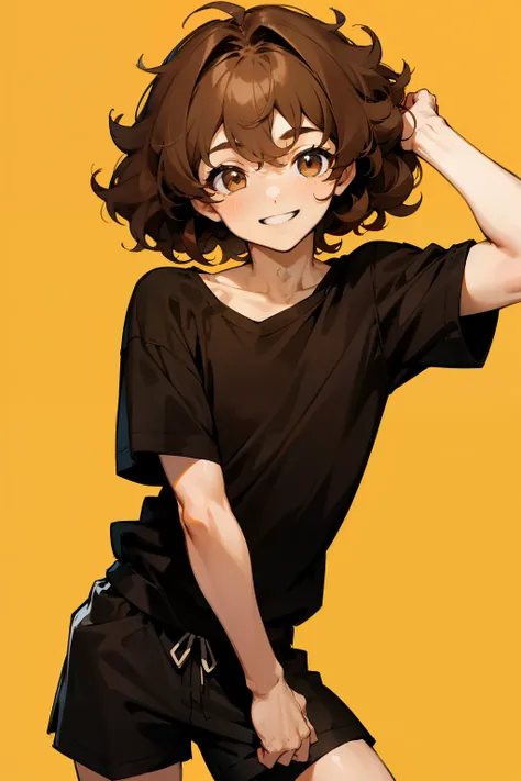 Cute boy, brown curly hair, brown eyes, Smile, black loose t-shirt, black shorts