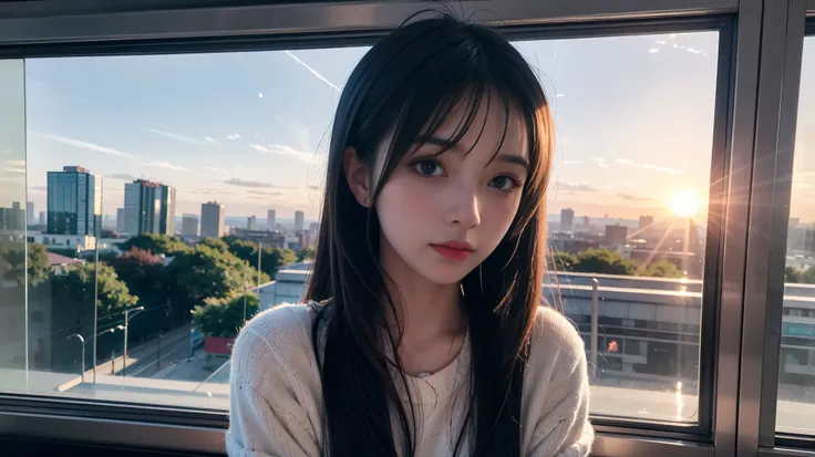 anime girl sitting on a train looking out the window, beautiful anime portrait, lofi portrait at a window, beautiful anime girl, lofi portrait, lofi girl, portrait anime girl, artwork in the style of guweiz, high quality portrait, with sunset, attractive a...