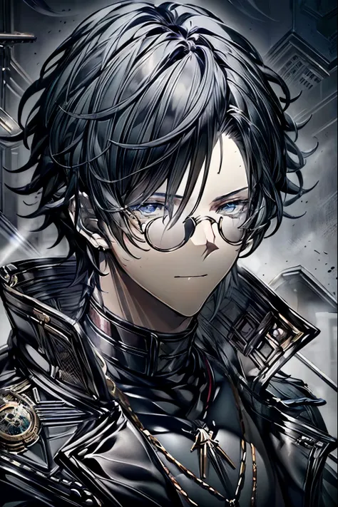 (masterpiece, best quality, perfect face, expressive eyes), 1boy, (male), black hair, blue eyes, blue tainted glasses, black tre...