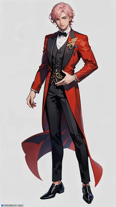 ((masterpiece,best quality,8k,highres)),((character concept art)), 1 male, middle-age man, magician, great magician, 185cm height, short hair, side hair bangs,(pink hair colour), ultra finely detailed eyes,(blue eye colours), extraordinary charming, handso...