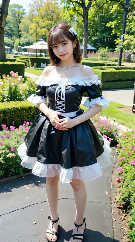 (8k、RAW Photos、Best Quality、masterpiece:1.2)、(Realistic、Realistic)、1 girl、((mini skirt、Light blue and black、Frills、Off the shoulder、See-through、Sandals、Arm Covers、ribbon、smile、garden、View from the front、smile、Standing with hands on hips))、