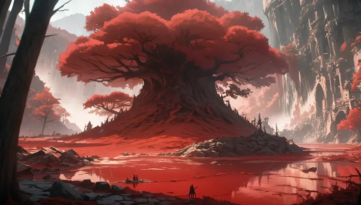 anime aestetics, anime scenery, lake of rot, scarlet water, red mist over the lake, red desserted ground, wavy dark red trees without leaves, big white and red mashrooms, scene after the catastrophe, elden ring aestetics, dark souls 3 aestetics, horrifing ...