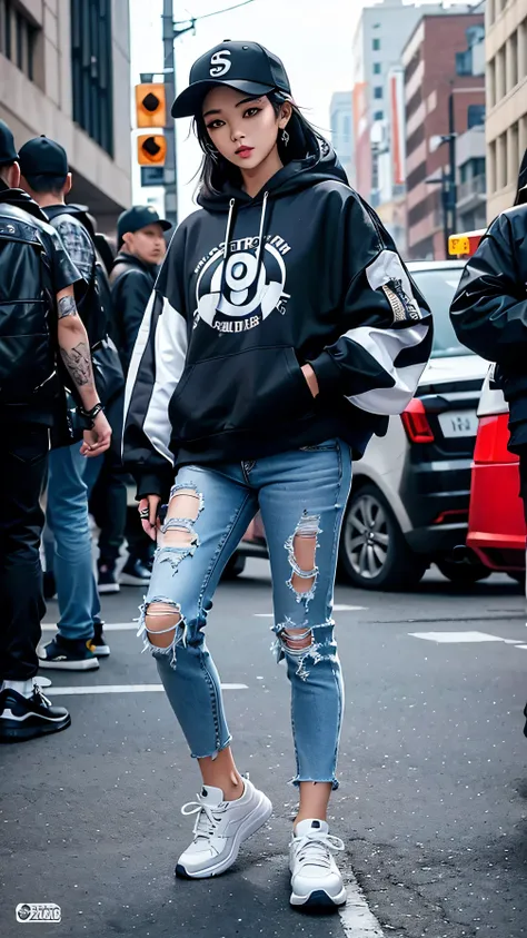 A stunning Asian woman confidently sporting a trendy streetwear outfit, complete with a stylish oversized hoodie, ripped jeans, and fashionable sneakers. Her look is accentuated by bold accessories, like a snapback cap and statement jewelry, blending urban...