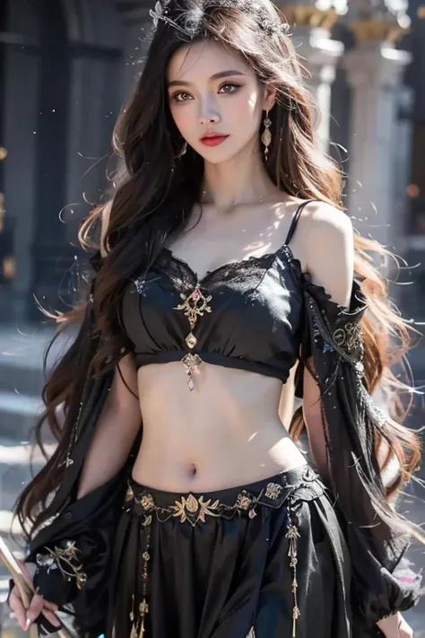 a woman dressed in black walks down the street, very beautiful elven top model, fantasyoutfit, ethereal beauty, fantasy style cl...