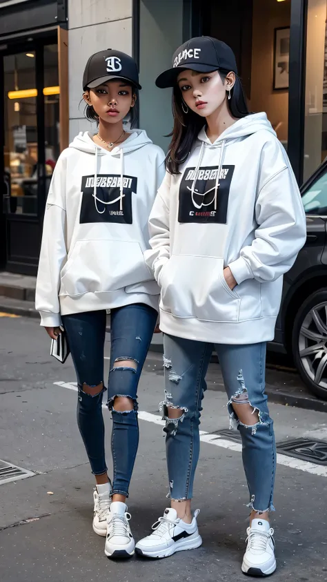 Two women standing、 confidently sporting a trendy streetwear outfit, complete with a stylish oversized hoodie, ripped jeans, and fashionable sneakers. Her look is accentuated by bold accessories, like a snapback cap and statement jewelry, blending urban ed...