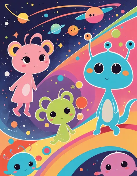 Mai Yoneyama colorfull style, Simple Line Initialism，Abstract art, girls, funny design, (((Cute Aliens))), The background is space