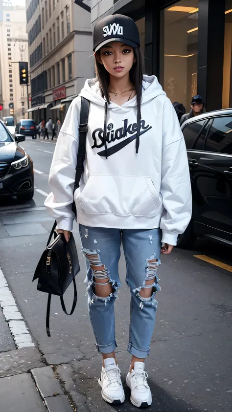 Two women standing、smile、 confidently sporting a trendy streetwear outfit, complete with a stylish oversized hoodie, ripped jeans, and fashionable sneakers. Her look is accentuated by bold accessories, like a snapback cap and statement jewelry, blending ur...