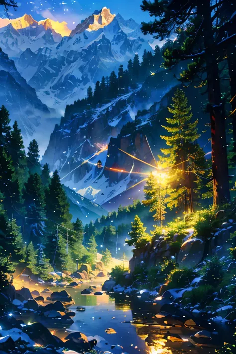 Himalaya, camping, green, forest, riverside, snowy mountain cliff, above view, Best Quality, Masterpiece, Depth Of Field, Award Winning, UHD, Sparkle, Reflection Light, Ray Tracing, Glowing Light, 