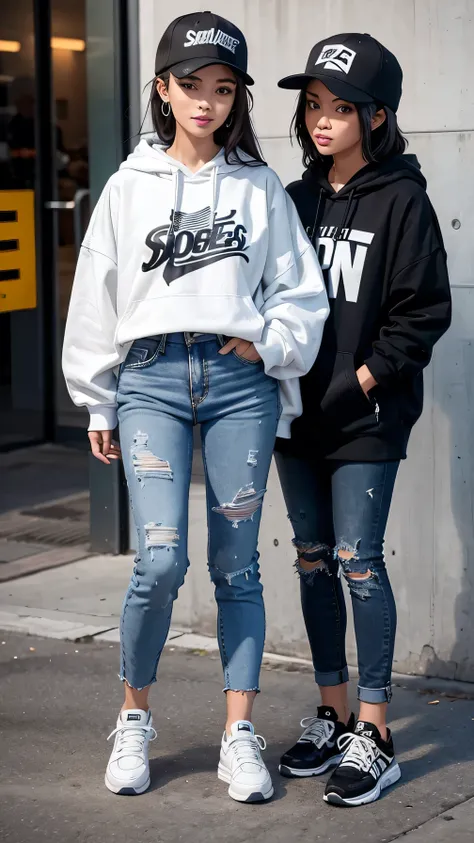 Two women standing、smile、 confidently sporting a trendy streetwear outfit, complete with a stylish oversized hoodie, ripped jeans, and fashionable sneakers. Her look is accentuated by bold accessories, like a snapback cap and statement jewelry, blending ur...