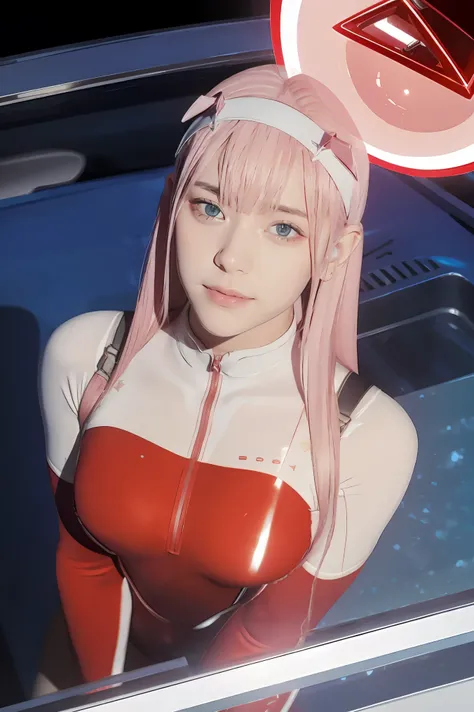 (Overhead view),dynamic angle,ultra-detailed, illustration, straight on, 1girl, ((Zero two, interface headband with a pair of horns, red bodysuit:1.4, pink hair)), Her eyes shone like dreamy stars,(glowing eyes:1.233),(beautiful and detailed eyes:1.1),(exp...