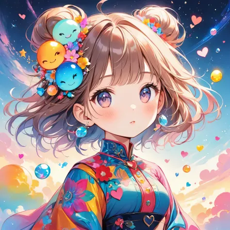 Machiko Satonakau colorfull style, Simple Line Initialism，Abstract art，(((The most beautiful girl of all time))), Sweet face. colorful hearts, funny design, (((bosom buddy ))), (((Cute Aliens))), The background is space