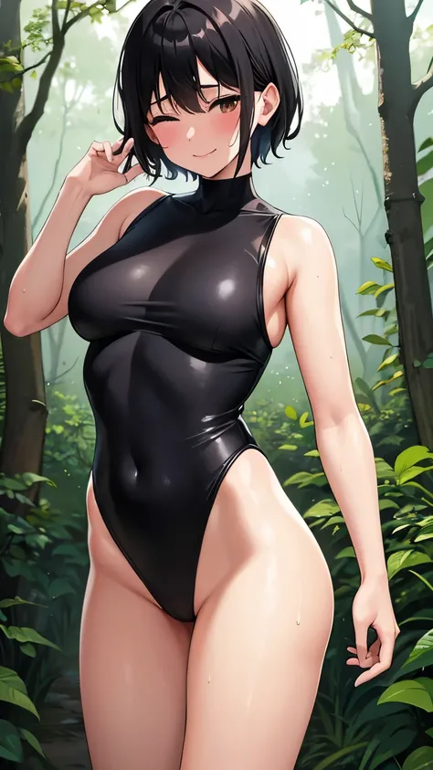  1 short hair,Black Hair,Close your eyes,smile,Red cheeks,sweat,Wet,Standing,Black leotard,High Leg,barefoot,In the woods,Front,Cowboy Shot,Backwards,Butt,return,Green