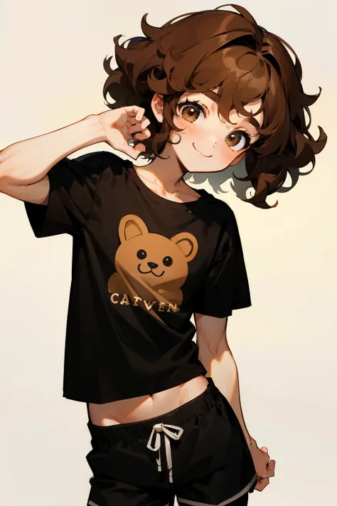 Cute boy, brown curly hair, brown eyes, Smile, black loose t-shirt, black shorts