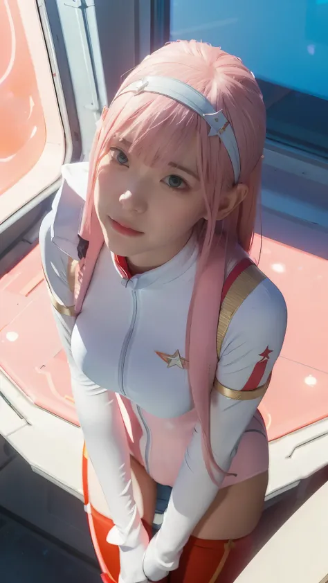 (Overhead view),dynamic angle,ultra-detailed, illustration, straight on, 1girl, ((Zero two, interface headband with a pair of horns, red bodysuit:1.4, pink hair)), Her eyes shone like dreamy stars,(glowing eyes:1.233),(beautiful and detailed eyes:1.1),(exp...