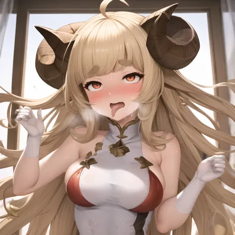 Granblue Fantasy,Anila,Gravure photoshoot,Swimwear,Combat Uniform,Sword,blush,Ahegao,Sticking out tongue,((sweat)),best quality, They said, 1girl, Alone, white buttoned pajamas, very long hair, one eye closed, yawning, hand to mouth, (large breasts:0.8), (...