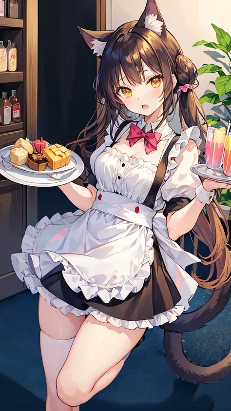 Anime girl in maid outfit holding a tray of drinks Beautiful illustration、With the highest quality、pretty girl、Waitress、Apron dress、(Cat ears)、Open your mouth、(Angry:0.9)、Golden Eyes、Thighs、Mini skirt frills
