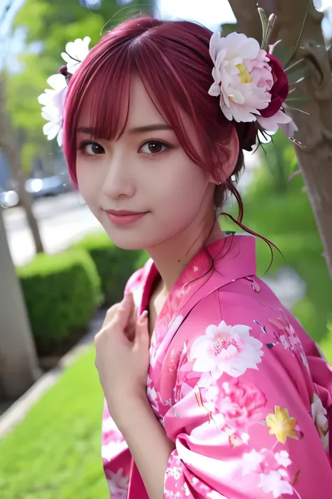 “A beautiful anime-style girl with pink hair styled in twin buns, wearing a traditional floral-patterned kimono with blue and yellow obi, standing among vibrant peony flowers. She has a more provocative expression with a slight smirk, half-lidded eyes, and...