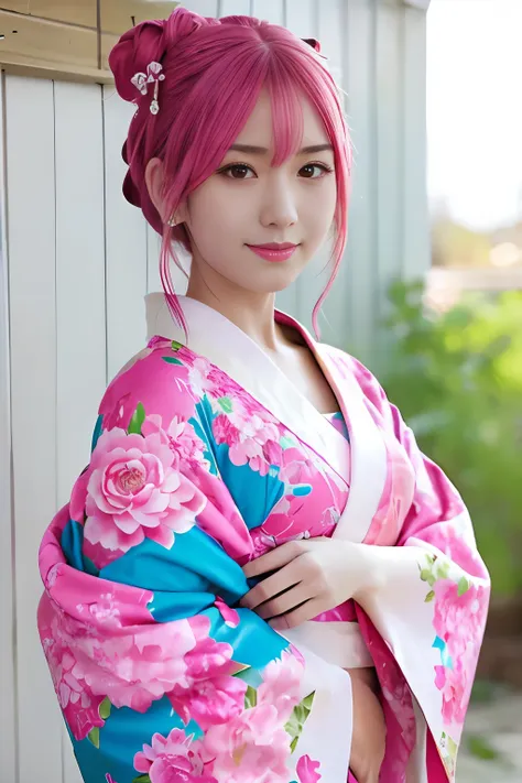 “a beautiful anime-style girl with pink hair styled in twin buns, wearing a traditional floral-patterned kimono with blue and ye...