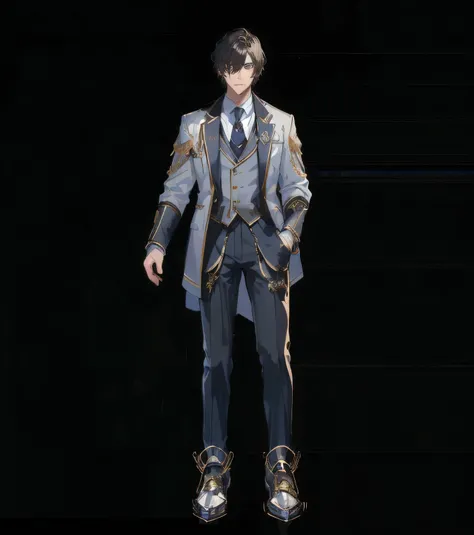 there is a man in a suit and tie standing in the dark, main character, lunar themed attire, 8 k character details, male character, official character art, highly detailed character, full body single character, professor clothes, single character full body,...