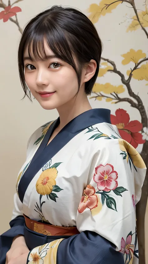 288 (20-year-old woman,Short Hair) , (A kind smile) , (kimono), (colorful), (Japanese painting by Uemura Shōen), flower