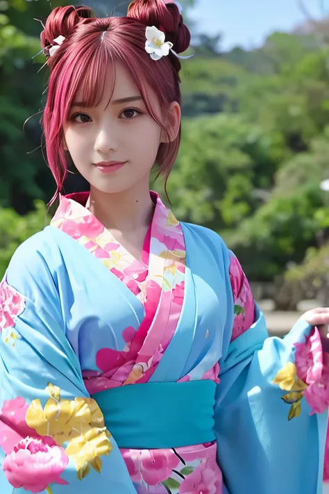 close up, “A beautiful anime-style girl with pink hair styled in twin buns, wearing a traditional floral-patterned kimono with blue and yellow obi, standing among vibrant peony flowers. She has a more provocative expression with a slight smirk, half-lidded...