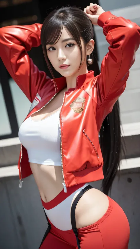 Close-up of a woman in a red jacket posing for a photo、魅惑的なTifa Lockhartの肖像画、Tifa Lockhart、Tifa、Real。Chen Yi、Sakimi-chan、Tifa Lockhart、Tifa Lockhartの肖像画、Trending on cgstation、Super Realistic Photos、Yoshitomo Nara、、Gorgeous Chinese Model、(ponytail)、((Busty)...