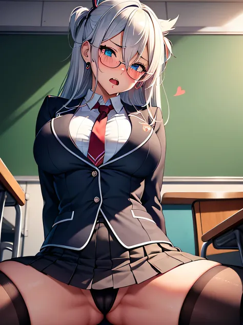 high school, classroom, Sit on a desk, Spread your legs, High School Uniform, Thigh length, Big Breasts, Bra chiller show, gag, Tied up with hands behind back, medium hair, over-rim eyewear, aqua eyes, heart earrings, licking lips, torogao, naughty, hair b...