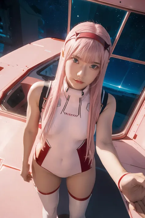 (Overhead view),dynamic angle,ultra-detailed, illustration, straight on, 1girl, ((Zero two, interface headband with a pair of horns, red bodysuit:1.4, pink hair)), Her eyes shone like dreamy stars,(glowing eyes:1.233),(beautiful and detailed eyes:1.1),(exp...