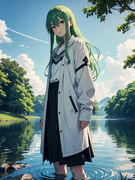 Male. Pants. Long hair. Flowers. Older. Boy in skirt. Grey eyes. Light green hair. Runen magier. Runes. More anime style. Flowers. 2d. flatter. anime style. White clothing. soft. More anime. Standing in a lake. More anime. More 2d. Clean. More anime. 2d. G...