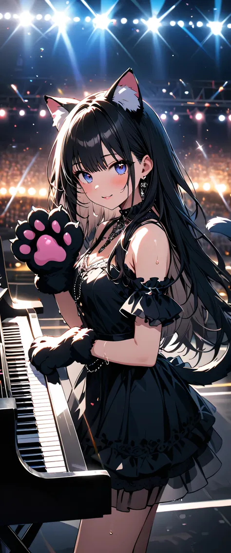 anime girl playing piano with cat ears and paws