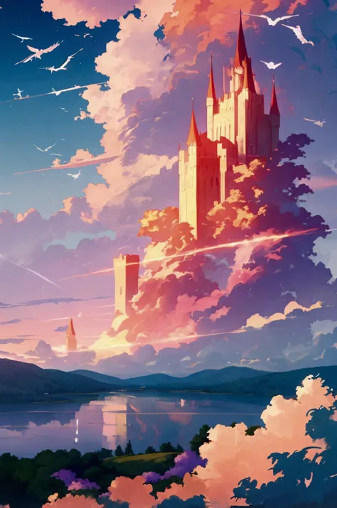 An epic anime landscape at sunset with vibrant colors. The scene features towering mountains covered in lush forests, a crystal-clear lake reflecting the sky, and a field of glowing flowers gently swaying in the breeze. In the distance, a magnificent castl...