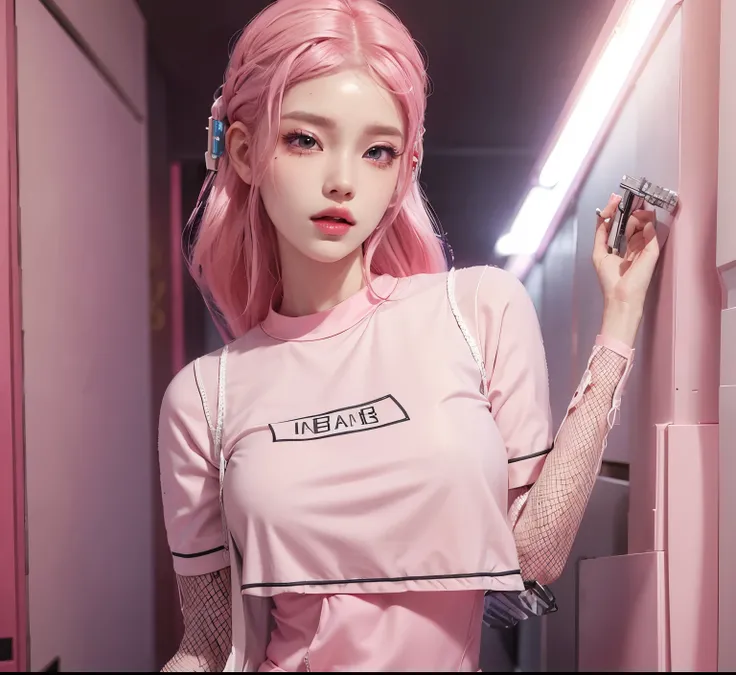 aVATAR SECOND LIFE korean girl wearing white blouse, pink hair, pink hair, pink hair, Asian, Perfect and detailed face, imvu, maximalist details, AVATAR SECOND LIFE Korean blusa , neon