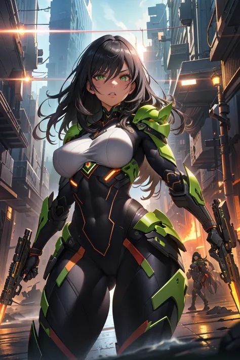 (extremely detailed CG unity 4k wallpaper),(masterpiece),(best quality),(ultra-detailed),(best illustration),(best shadow),(absurdres),(detailed background),Woman, Long straight black hair, muscular, thick thighs, Black hair, Green eyes, Light skin, Seriou...