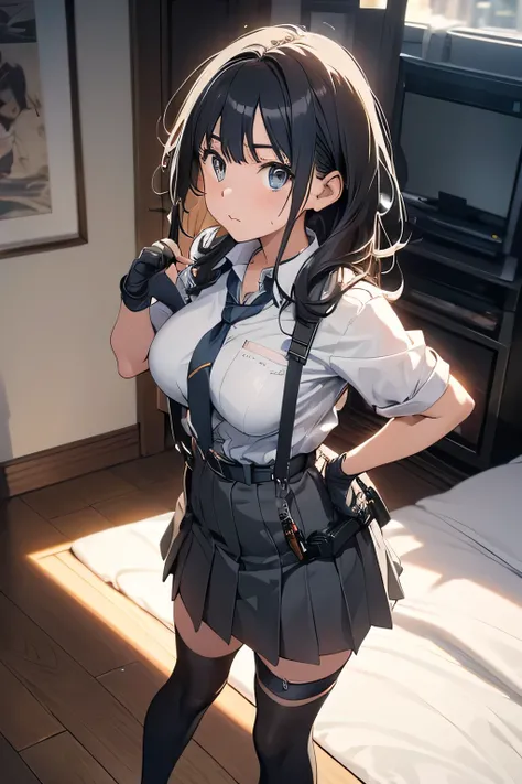 high quality, masterpiece, Ultra-high resolution, (realism: 1.4), Oil painting style, Cinema Lighting, , I stood on the empty asphalt road and looked at it.., And suspenders with flying cranes Large Breasts Small Face holster Lying in be...