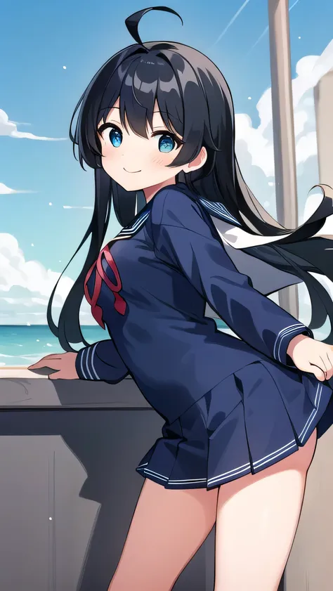 Junior high school student who looks like an elementary school student, , very short, 140 cm tall, black hair with a slight green tinge, short ahoge, beautiful long hair but with a little hair sticking out, beautiful round eyes, blue eyes, smile, boyish, b...