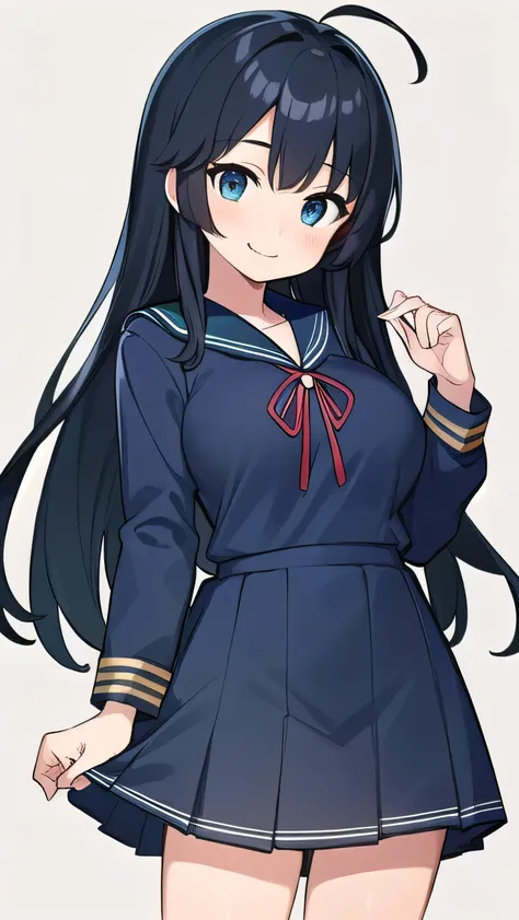 Junior high school student who looks like an elementary school student, , very short, 140 cm tall, black hair with a slight green tinge, short ahoge, beautiful long hair but with a little hair sticking out, beautiful round eyes, blue eyes, smile, boyish, b...