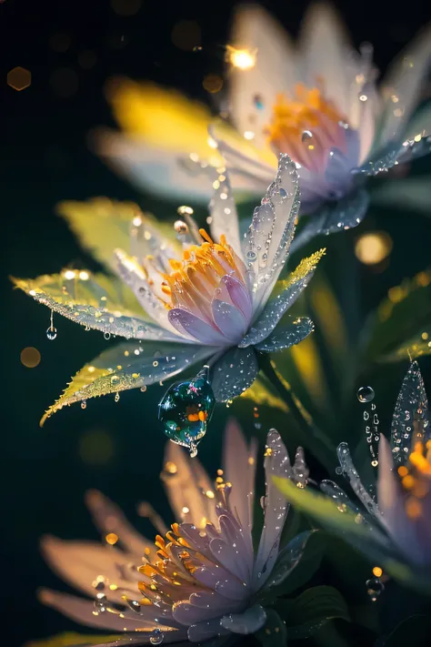 Close-up of a plant with water droplets, Macro photography by Marie Bashkirtseff, Flicker, Pointillism, Bokeh. iridescent accents, very Mysterious, Mysterious!!!!!!!, lovely Bokeh, incredibly Mysterious, Mysterious!!!, Sparkling and soft, . Mysterious ligh...