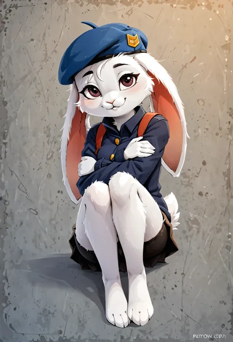 rabbit, female, white fur, hugging knees, 1girl, (solo), fully clothed, sfw, arms around knees, beret