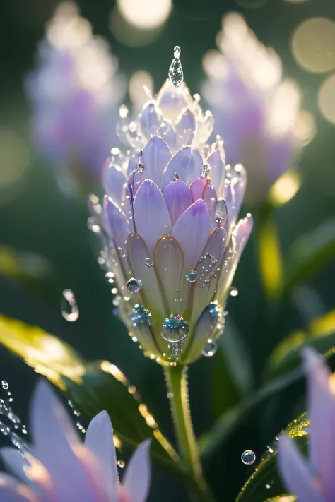 Close-up of a plant with water droplets, Macro photography by Marie Bashkirtsev, Flicker, Pointillism, Bokeh. iridescent accents, very Mysterious, Mysterious!!!!!!!, lovely Bokeh, incredibly Mysterious, Mysterious!!!, Sparkling and soft, . Mysterious light...