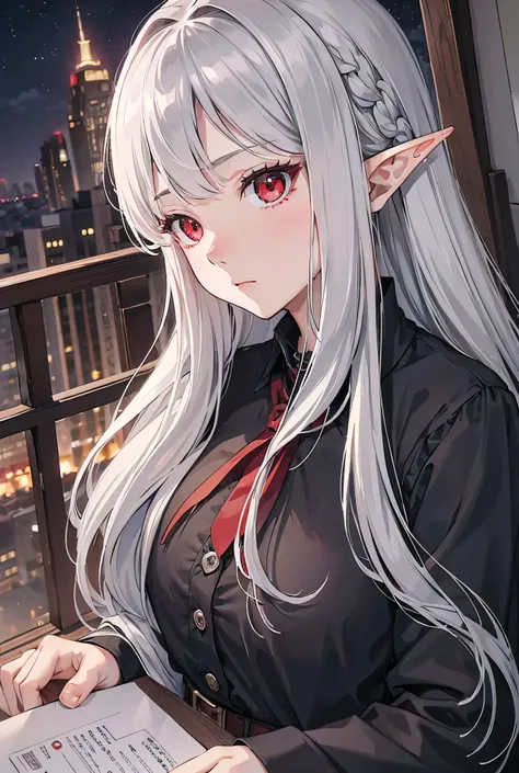 One Girl, Long Hair, Silver Hair, Red Eye, student, Best Quality, High Resolution Model, Elf, nightの街, Ultra Wide Angle, night, Sleepy face