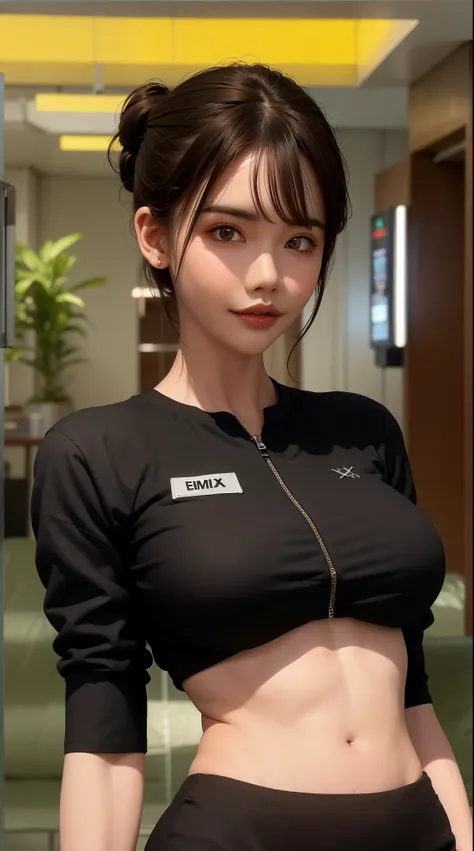 create an 8k poster of a female staff member working at cinema xxi indonesia, wearing a sleek half-sleeve black zipper shirt wit...