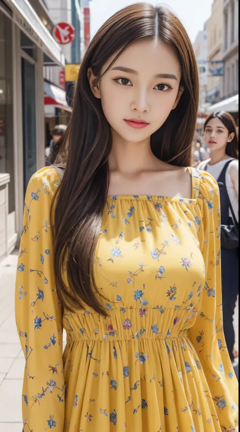 Walk the streets of the city,One lady、 Bandeau Dress, Wearing long gorgeous clothes, wearing a long dress with a yellow floral pattern, shopping, In the city, highly detailed beautiful girl, Highly detailed face, Highly detailed eyes, highly detailedskin, ...