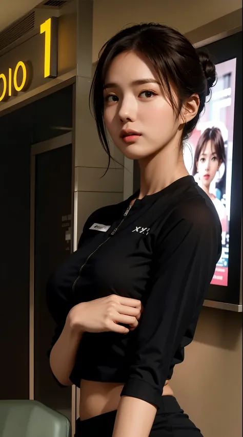 Create an 8k poster of a female staff member working at Cinema XXI Indonesia, wearing a sleek half-sleeve black zipper shirt without colar paired with a form-fitting long  black span skirt. She has medium breasts and her hair is styled in a neat bun, givin...