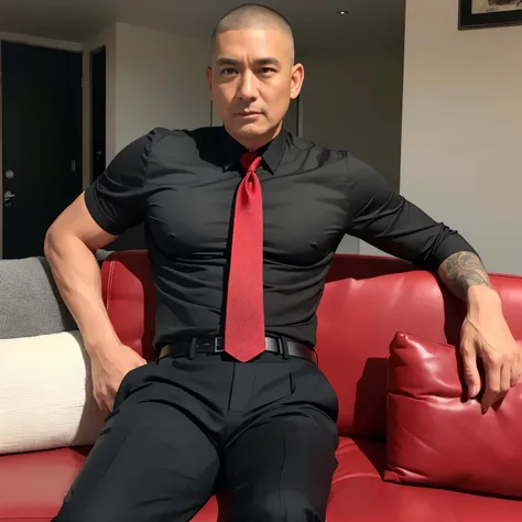 50 year old father,One Man、Buzz cut、Black Shirt、Red Tie、Black slim pants、Sit on the sofa、Businessman Chairman,muscular、Very short buzz cut､Old man、Asian Face　Stubble、Gay、The crotch area of my pants is bulging