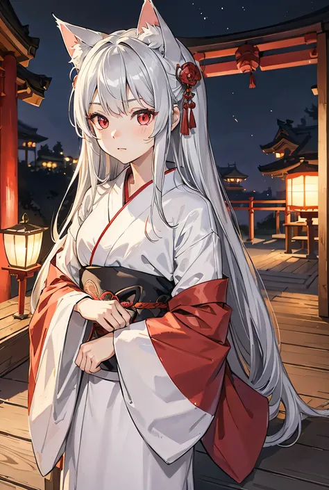 One Girl, Long Hair, Sleepy face, Silver Hair, Red Eye, White kimono, Shrine at night, Best Quality, High Resolution Model, Cat ears, Overlooking,