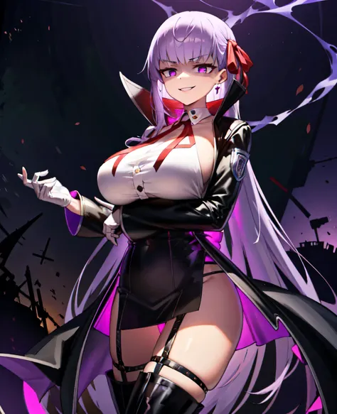 isoscale, mid shot,  night, ,,, purple hair, black jacket, white shirt, black skirt, red ribbon, big breasts, purple eyes, white...