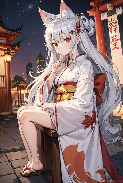 One Girl, Long Hair, Sleepy face, Silver Hair, Red Eye, White kimono, Shrine at night, Best Quality, High Resolution Model, Cat ears, Overlooking, Five fingers,