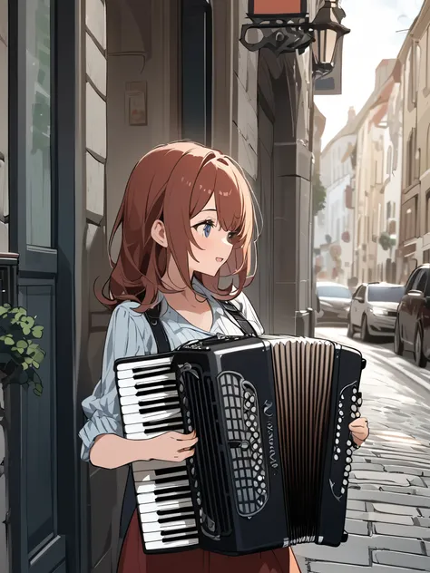 Cute girl playing accordion on a street corner