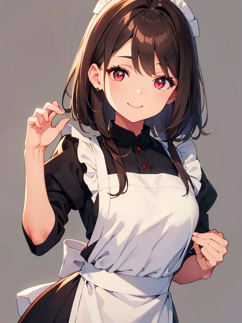 beautiful girl、Brown Hair、Plain grey background、Medium Hair、Maid uniform、smile、The upper body is shown、Cute pose、Red Eyes、